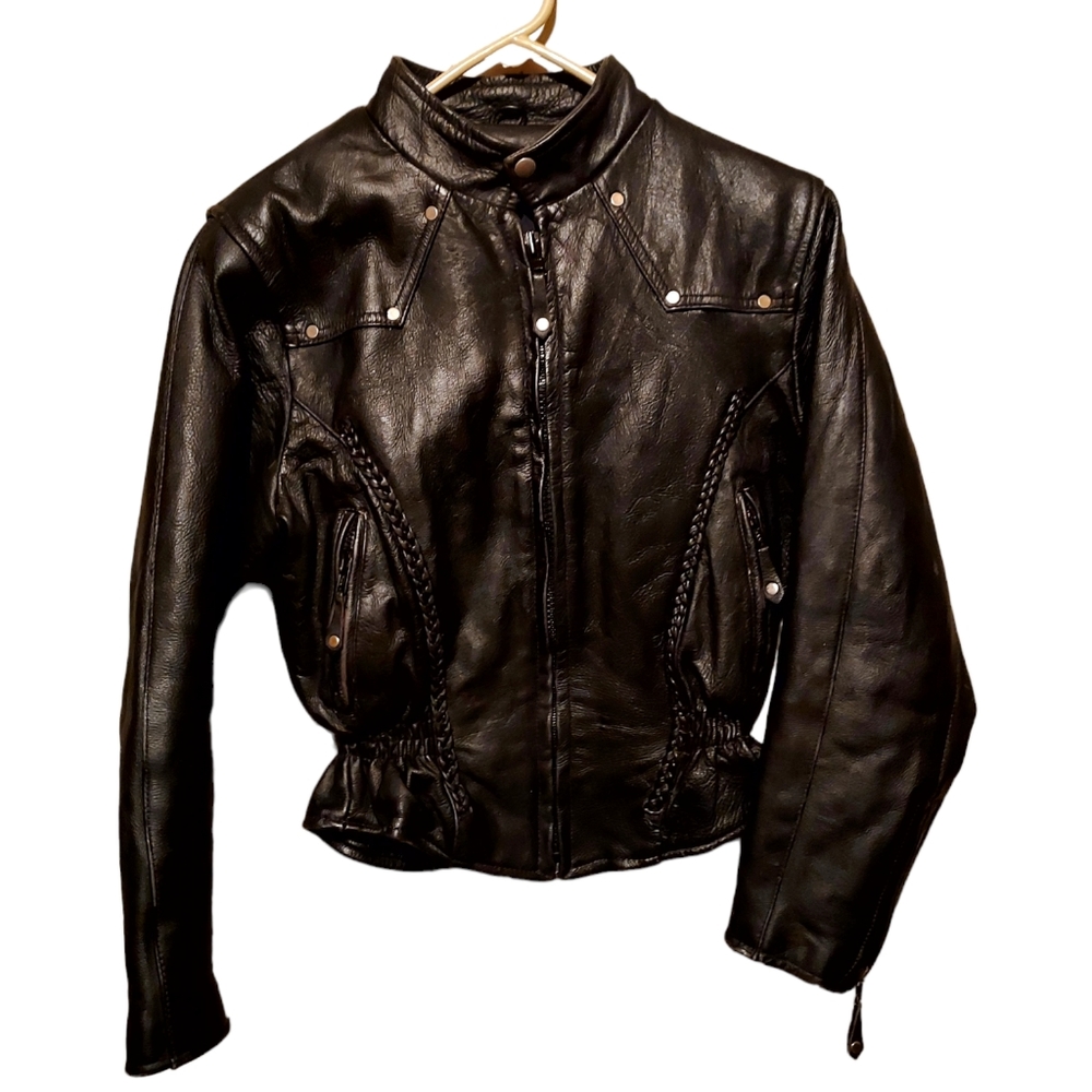 LEATHER CLUB Vintage Womens Black Leather Motorcycle Riding Jacket Size S